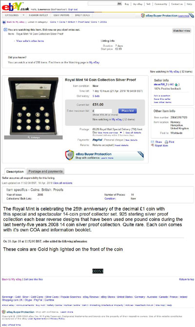steve760_2 eBay Listings Using Our 2008 Fourteen Coin Selectively Gold Plated Silver Proof Pound Designs Boxed Collection